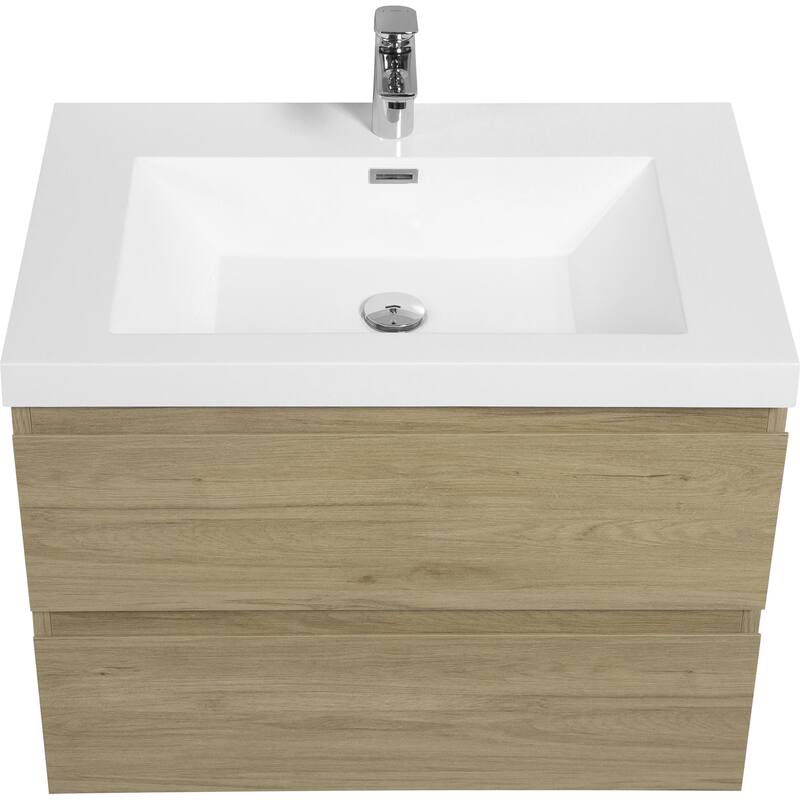 35.5-Inch Floating Bathroom Vanity with Glossy Resin Sink, Ash Grey Color, Wall-Mounted Design, 2 Drawers