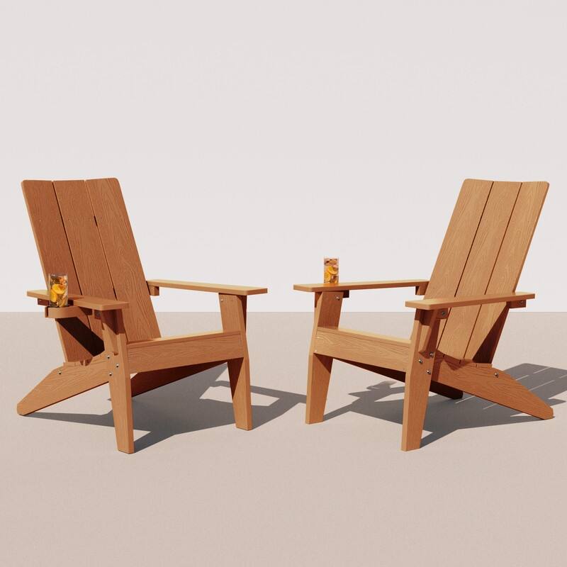 WINSOON All Weather HIPS Outdoor Adirondack Chairs with Cup Holder Set of 2 - Natural