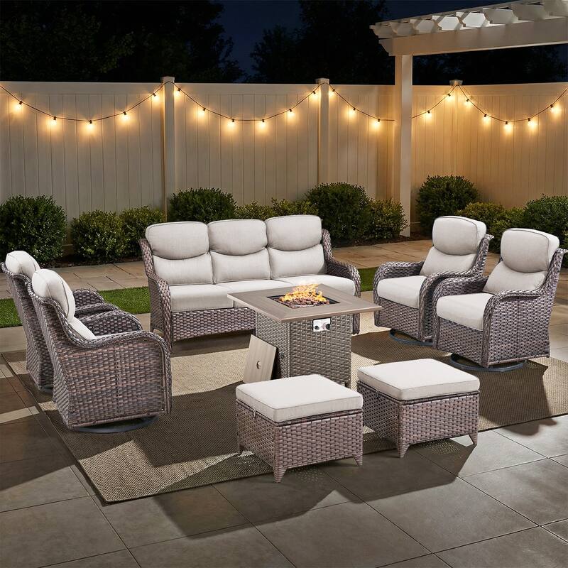 Pocassy Outdoor Propane Fire Pit Table with Sofa Swivel Chair Funiture Set. - Brown Wicker Beige Cushion - 8-Piece Sofa Swivel Chair Ottoman w/ Fie Table