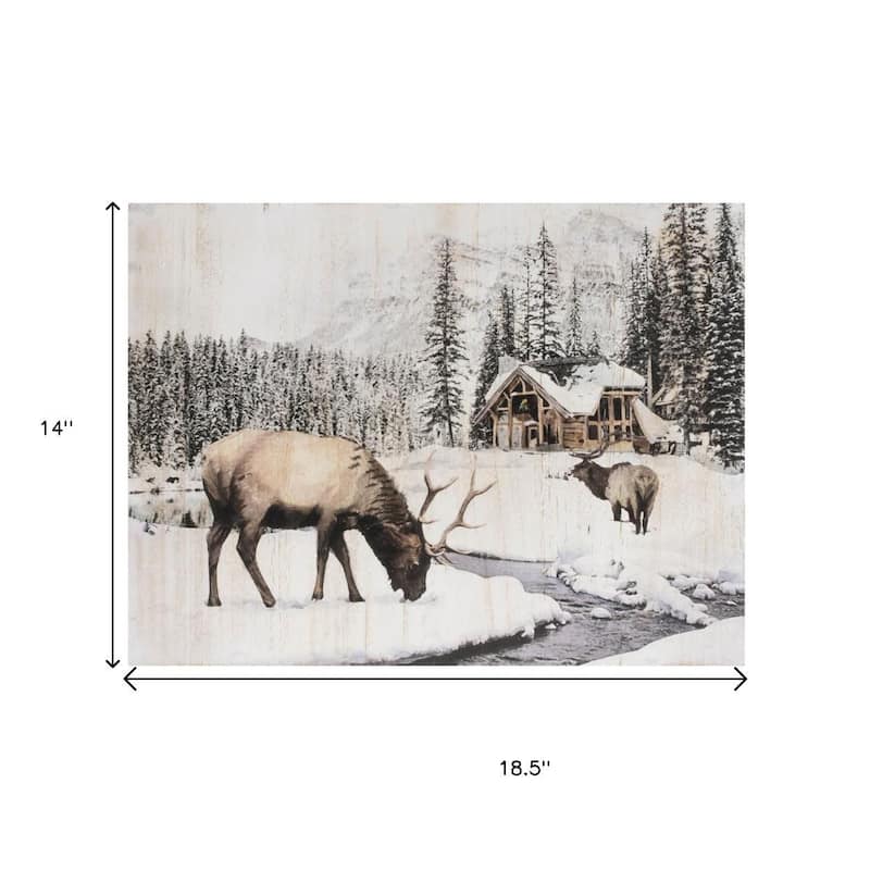 HomeRoots 14" X 19" Brown And White Wood Winter Reindeer Lodge Hanging Wall Decor