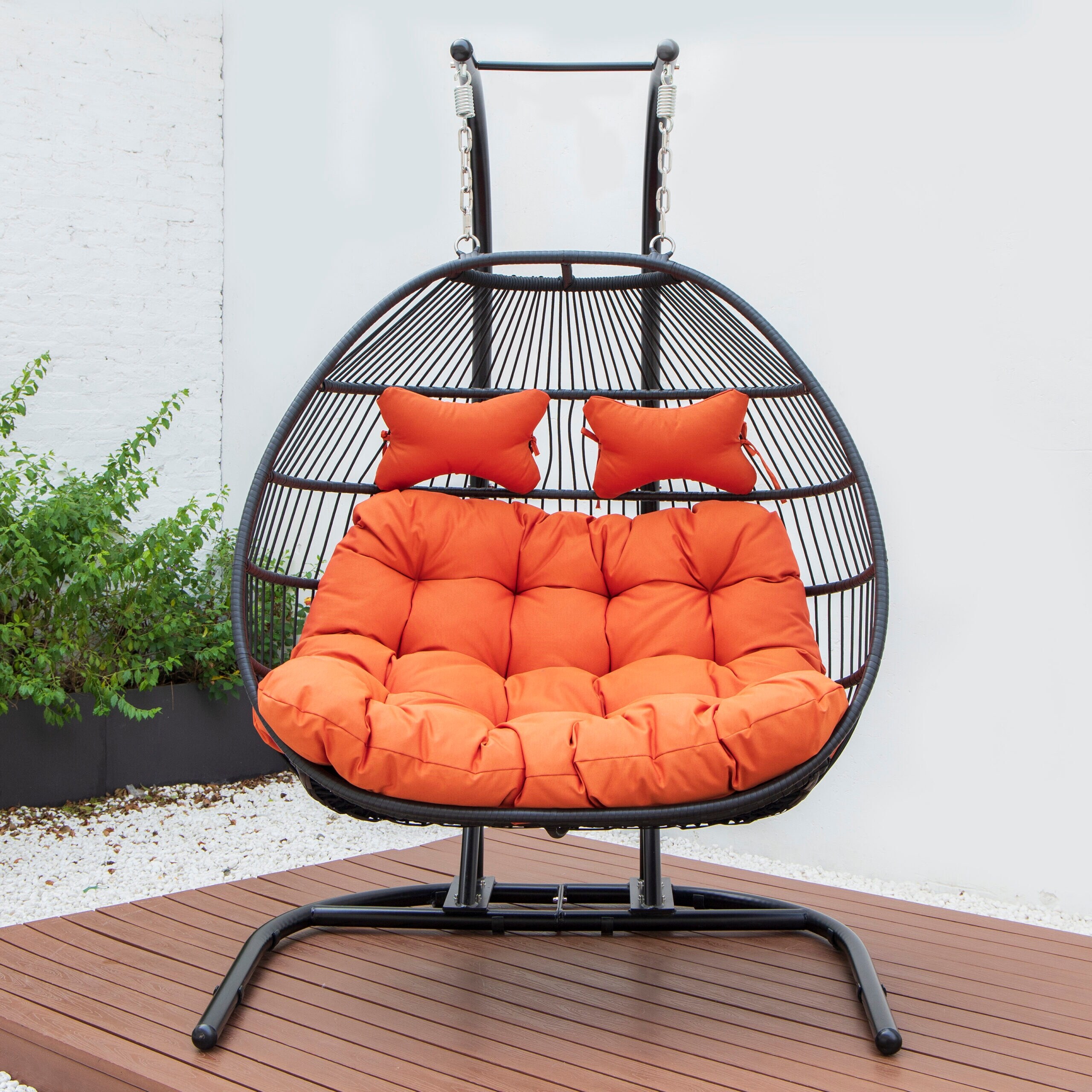 LeisureMod Black Wicker 2 seat Folding Hanging Egg Swing Chair