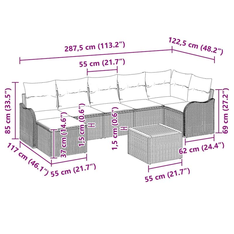 vidaXL 8 Piece Garden Sofa Set with Cushions - 113.2×48.2×27.2