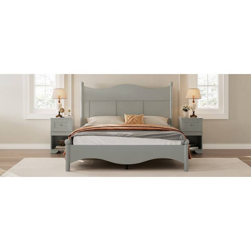 Queen Size Retro Style Wood Platform Bed Frame with Wooden Slat Support, Elegant White Design