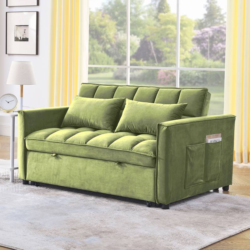 53.94″ Velvet 2-Seater Sleeper Sofa with 3-Position Backrest & Side Pockets