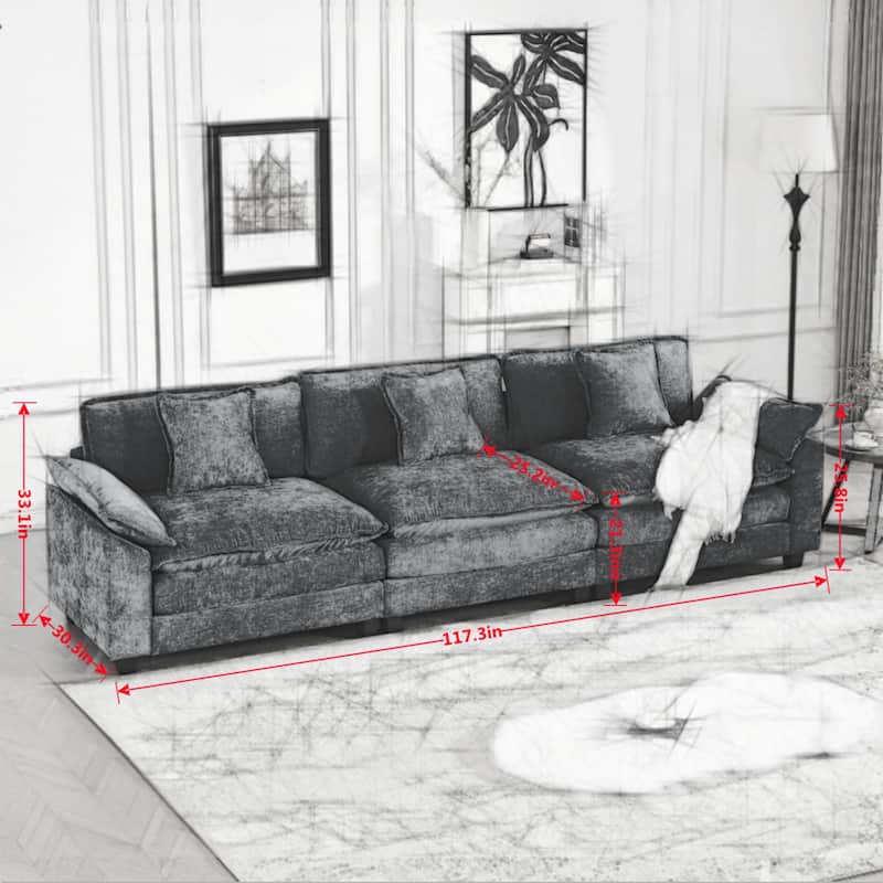 Modular Deep Seat Sectional Sofa 3 Seater Chenille Upholstered Couch