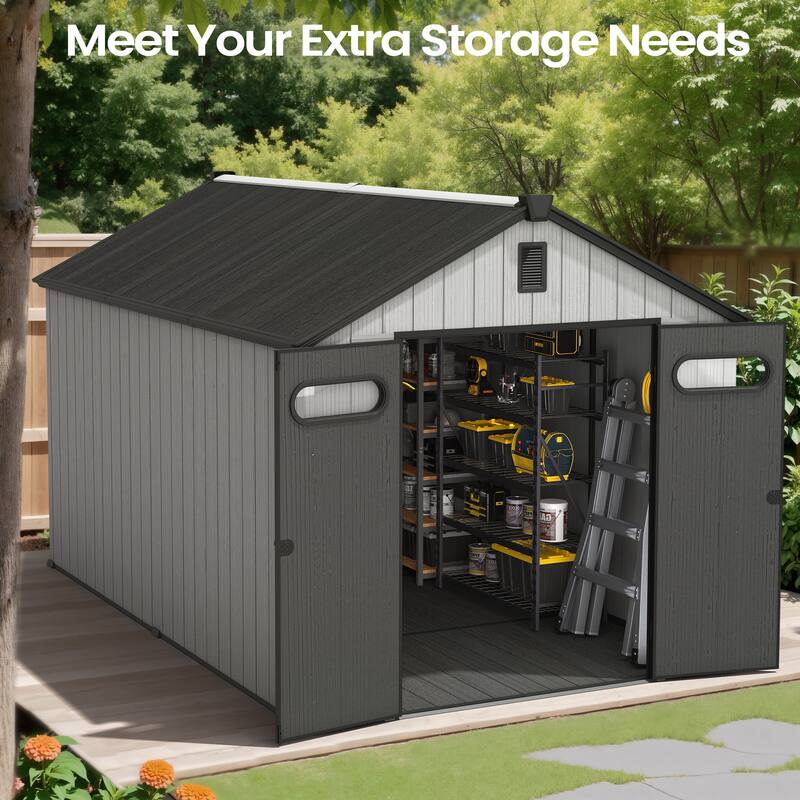 VredHom 8X8/8X10/8X12 FT All-Weather Outdoor Resin Storage Shed with Windows Floor for Patio Furniture and Tools