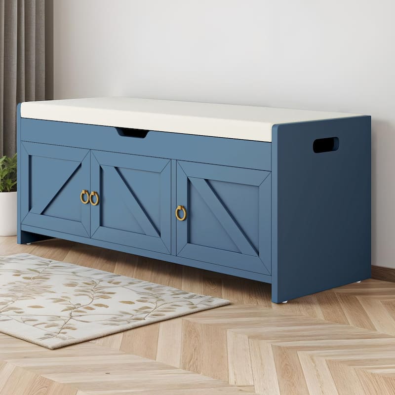 Moasis Shoe Storage Rack Cushioned Ottoman Bench with Lift Top for Hallway - White/Blue 38"