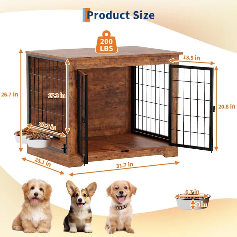 Dog Crate Furniture, Heavy Duty End Table Kennel with Rotating Feeder