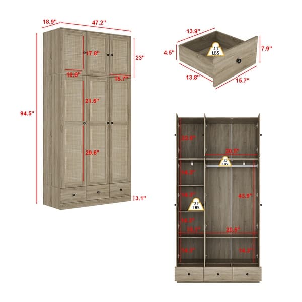dimension image slide 0 of 4, Rattan-Accented Wardrobe - Spacious Clothing Organizer with Style