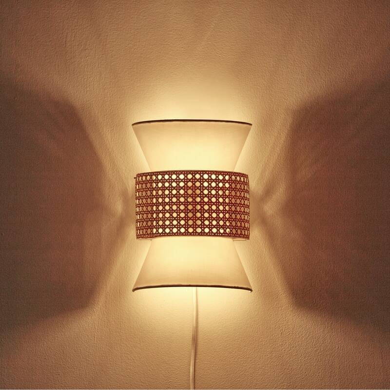 Ayla 2-Light Plug-In or Hardwire Wall Sconce with White Fabric Shade and Rattan Accent - one size