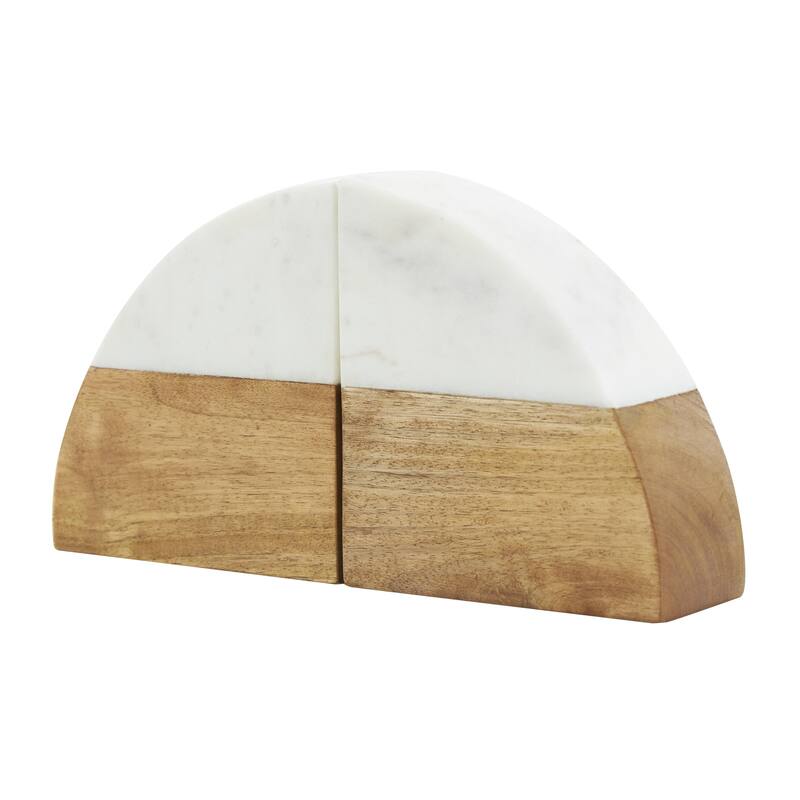 Mango Wood Geometric Arched 5 lbs Decorative Bookends with White Marble Tops - Set of 2 Brown - Roche River Decor