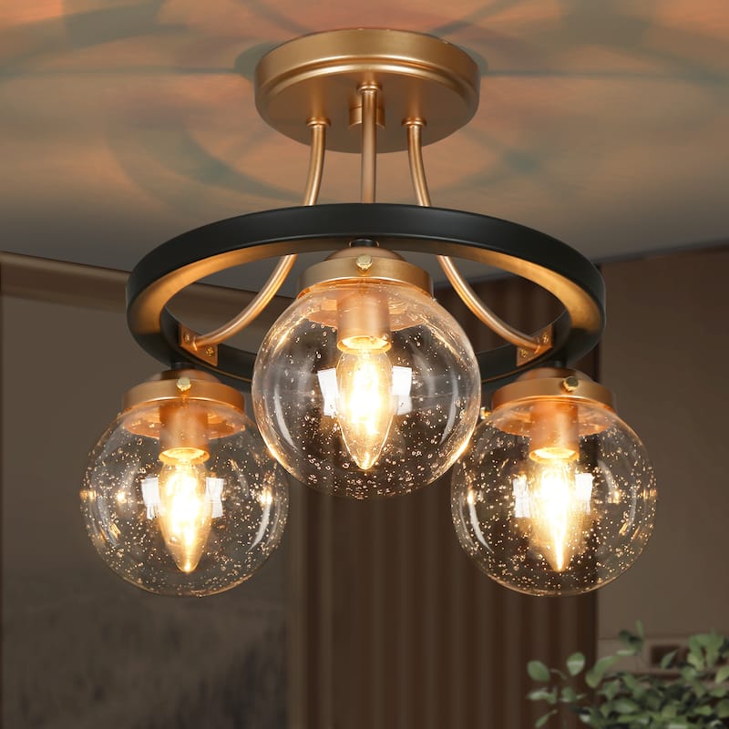 Modern Black Gold 3-Light Seeded Glass Semi-Flush Mount Ceiling Light for Kitchen