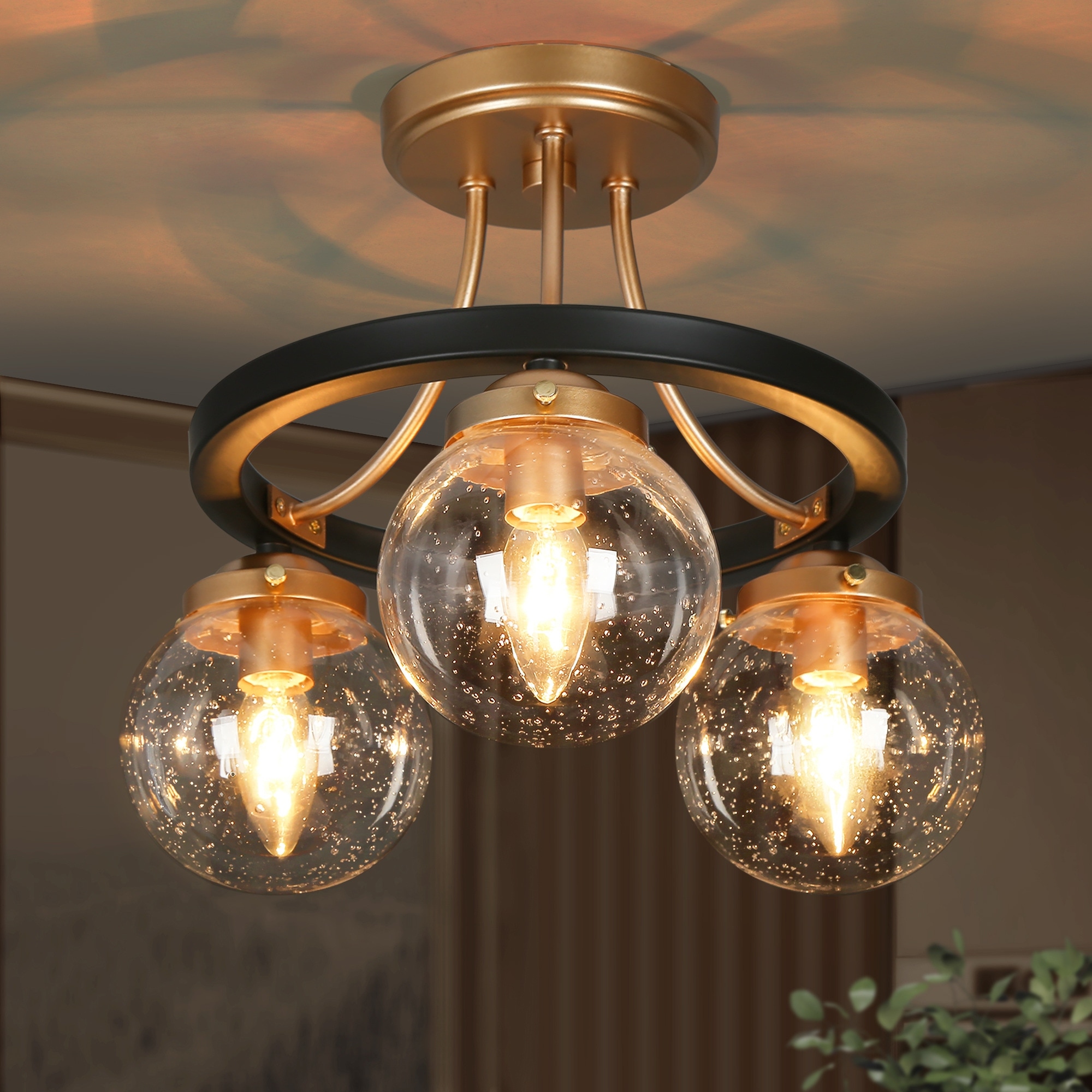 Modern Black Gold 3-Light Seeded Glass Semi-Flush Mount Ceiling Light for Kitchen