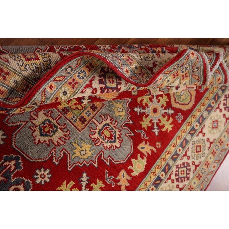 Red Geometric Kazak Area Rug Handmade Traditional Oriental Wool Carpet - 4'10" x 6'8"