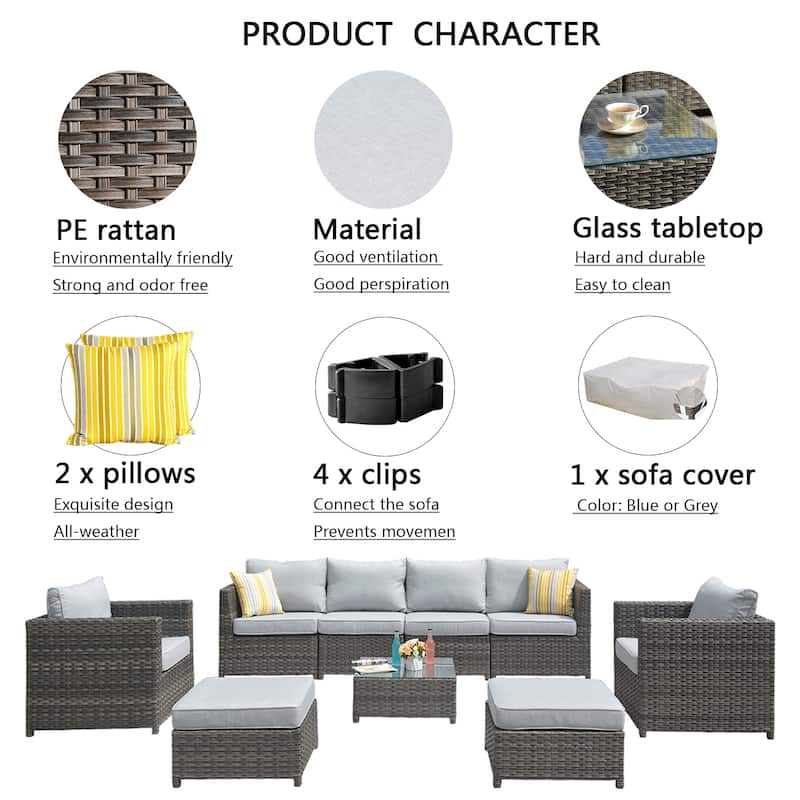 OVIOS Patio Furniture Deep Seat Wicker 9-piece Set