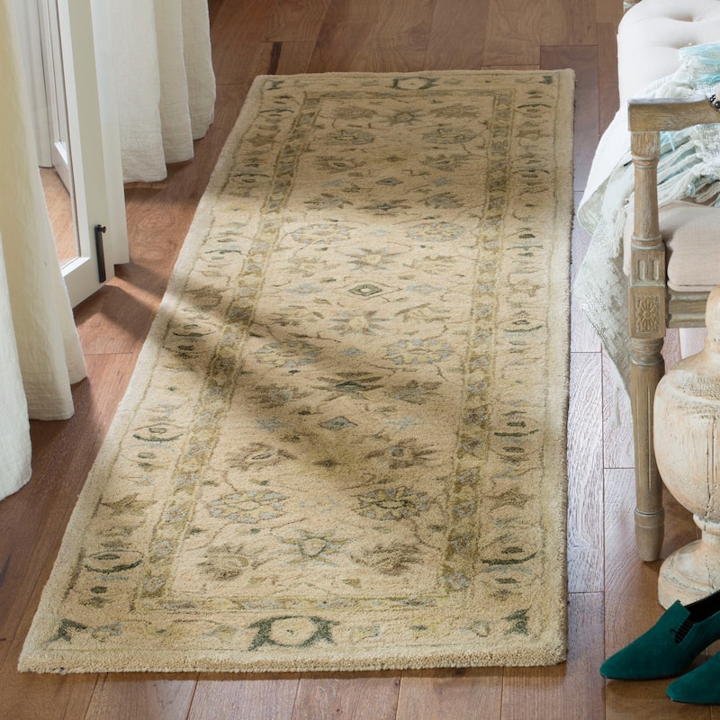 SAFAVIEH Handmade Anatolia Annemette Traditional Oriental Hand-spun Wool Rug - 2'3" x 8' Runner - Taupe/Blue