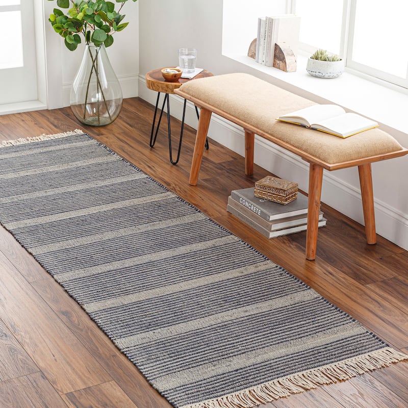 Artistic Weavers Avi Handmade Cottage Striped Jute Blend Area Rug - Dark Blue/Grey - 2' 6" x 8'