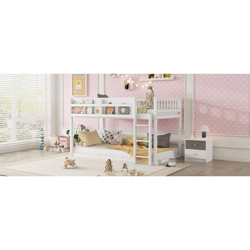 Roomfitters Twin Over Twin Bunk Bed, Low Floor Loft Platform Bed and Shelf with Wooden Frame for Bedroom