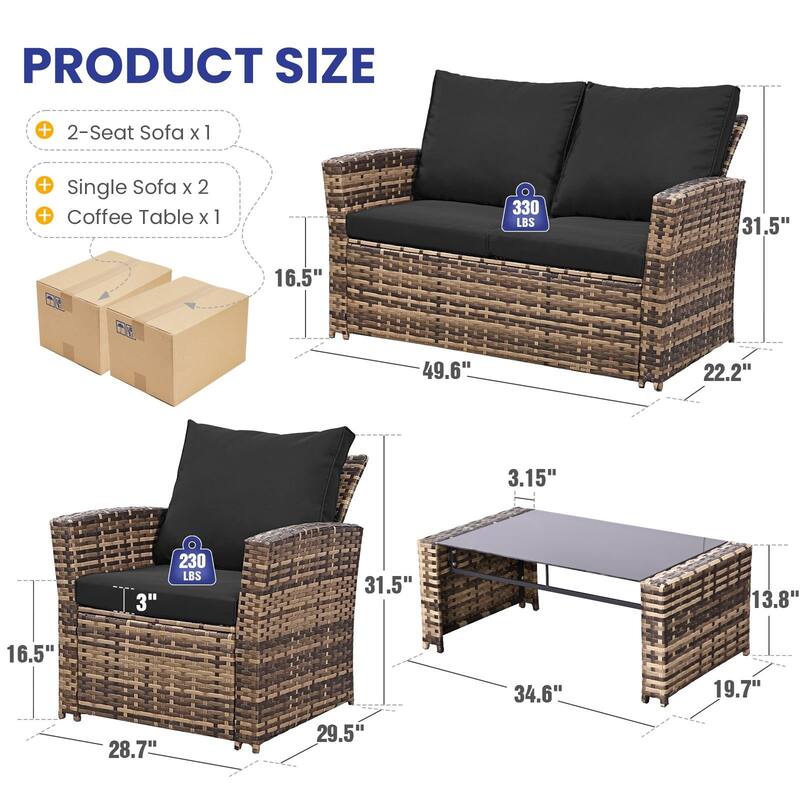 4-Piece Wicker Outdoor Sofa Set, 1 Loveseats, 2 Single Sofas, 1 Table