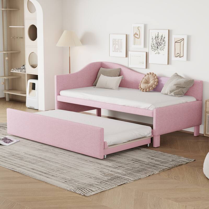 Twin Size L-Shaped Upholstered Daybed with Pop-Up Trundle in Pink