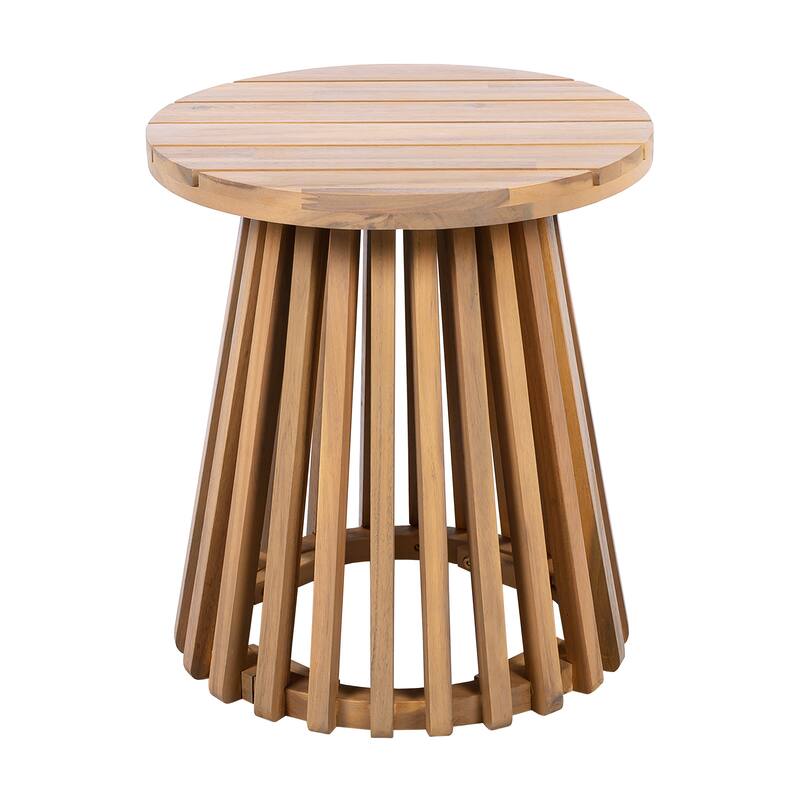 Roomfitters Round Outdoor Acacia Wood Side Table, Slatted Pedestal Base Accent Table for Patio and Balcony
