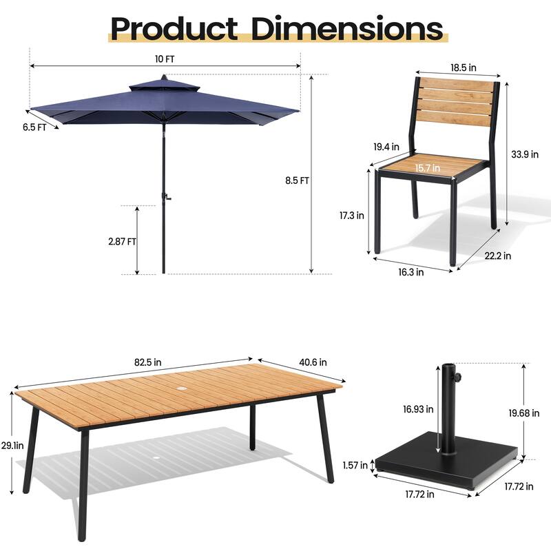 11 PC Outdoor Patio Dining Set Wood-Like Aluminum Umbrella Hole Table with Stackable Chairs,Double Top Market Umbrella and Base