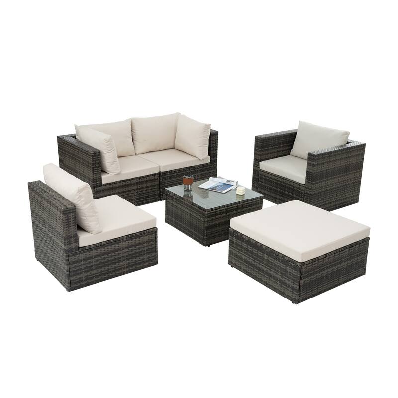 6-Piece Wicker Patio Conversation Set with Dark Blue Cushions