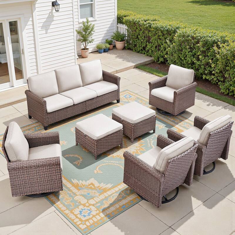 Pocassy Outdoor Sofa with Swivel Chairs Funiture Set - 7PCS Sofa Swivel Chair w/ Ottoman - Brown Wicker Blue Cushion