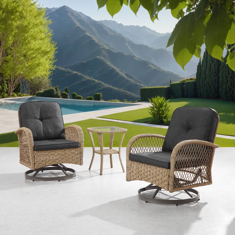 Corvus Helicon 3-Piece Outdoor Wicker Swivel Chat Set with Cushions and Glass Side Table