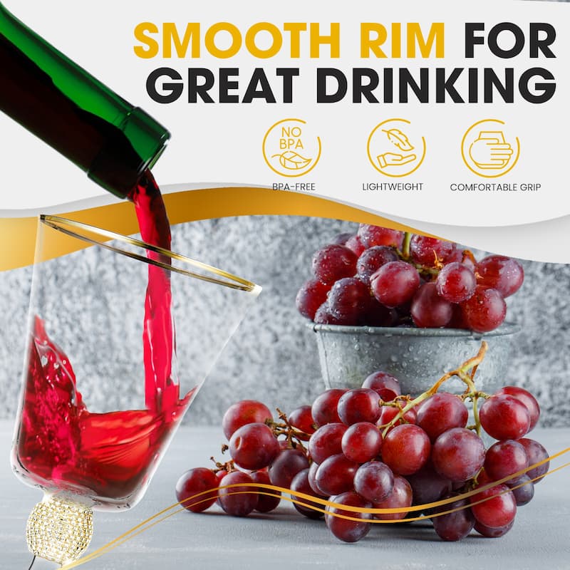 Berkware Luxurious and Elegant Sparkling Studded Long Stem Red Wine Goblet with Gold Rim