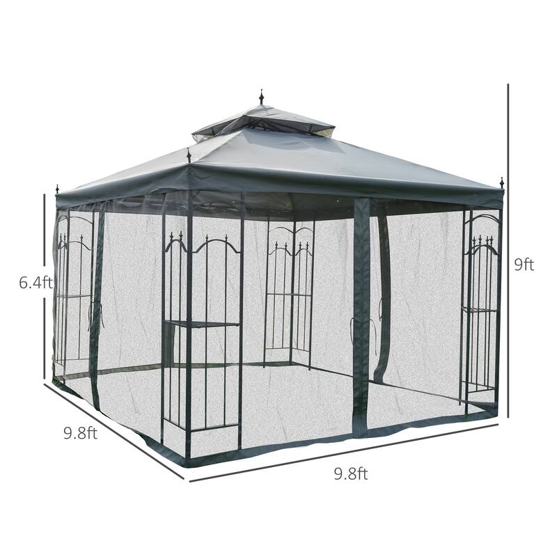 Double Roof Outdoor Gazebo with Corner Shelves and Protective Mesh Netting