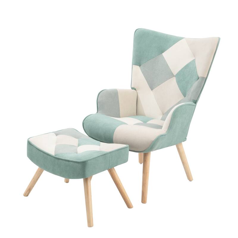 Accent Chair with Ottoman, Comfy Side Armchair for Bedroom, Creative Splicing Cloth Surface