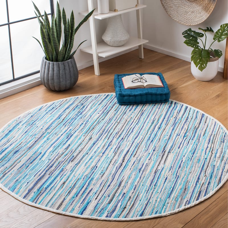 SAFAVIEH Handmade Rag Rug Nya Casual Stripe Cotton Rug - 4' Round - Turquoise/Multi