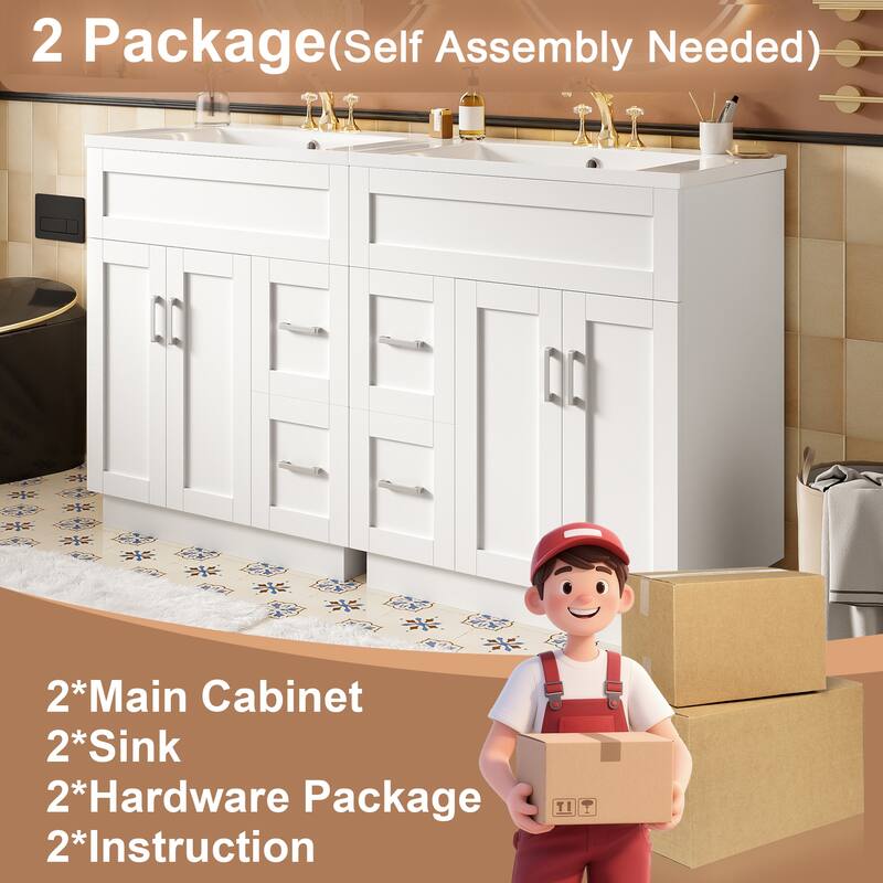 60" Double Bathroom Vanity with Dual SMC Resin Sinks, 4 Doors, 4 Drawers, and Soft-Close Hardware