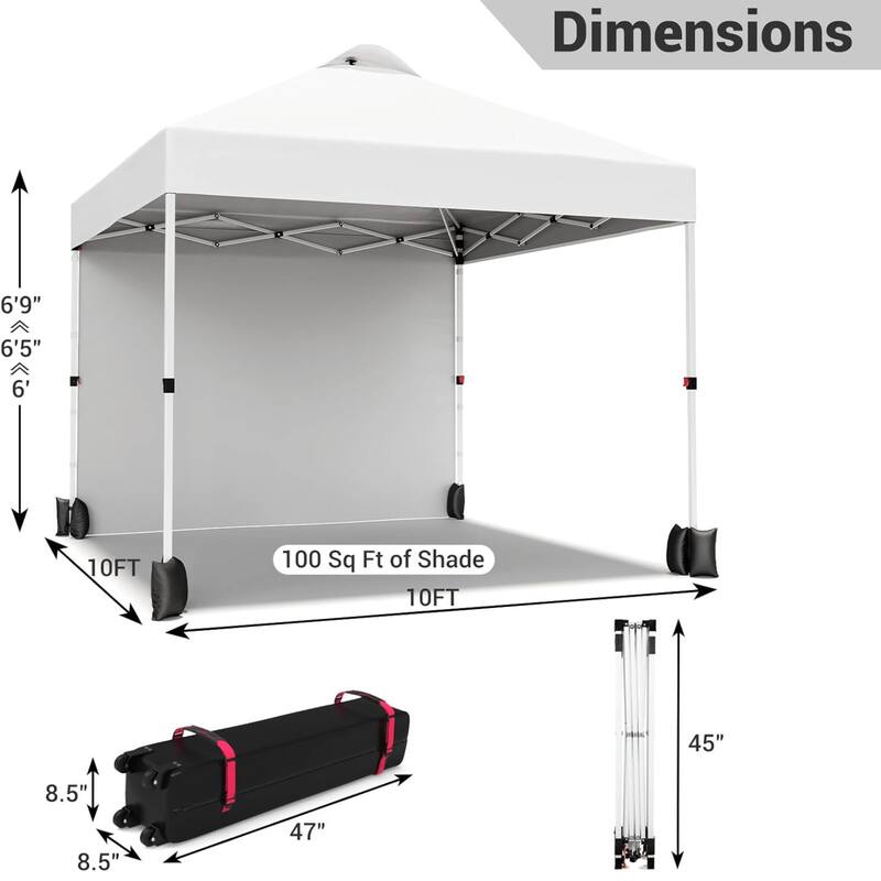 10x10ft Portable Instant Pop Up Canopy Tent with 1 Sidewall for Parties, Camping, Beach - N/A