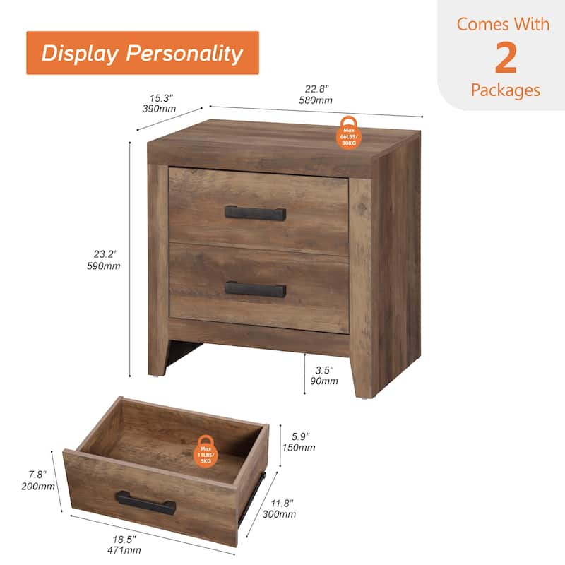 WAMPAT Farmhouse Nightstand with Dual Drawers - Rustic Brown