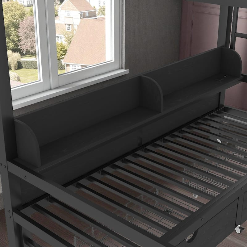Full over Full Metal Bunk Bed with Storage Shelves, Drawers, USB Ports & LED Lights, Convertible Sofa Design