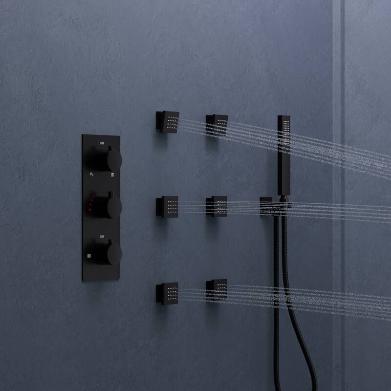 Thermostatic Rainfall Shower System,12 Inch 64-Color LED Mood Lighting Shower Faucet Set with 6 Body Jets