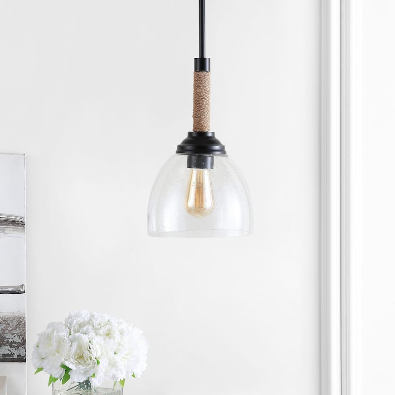Hampton 7.63" Adjustable Rope-Wrap Modern Rustic Iron/Glass LED Pendant, Black by JONATHAN Y