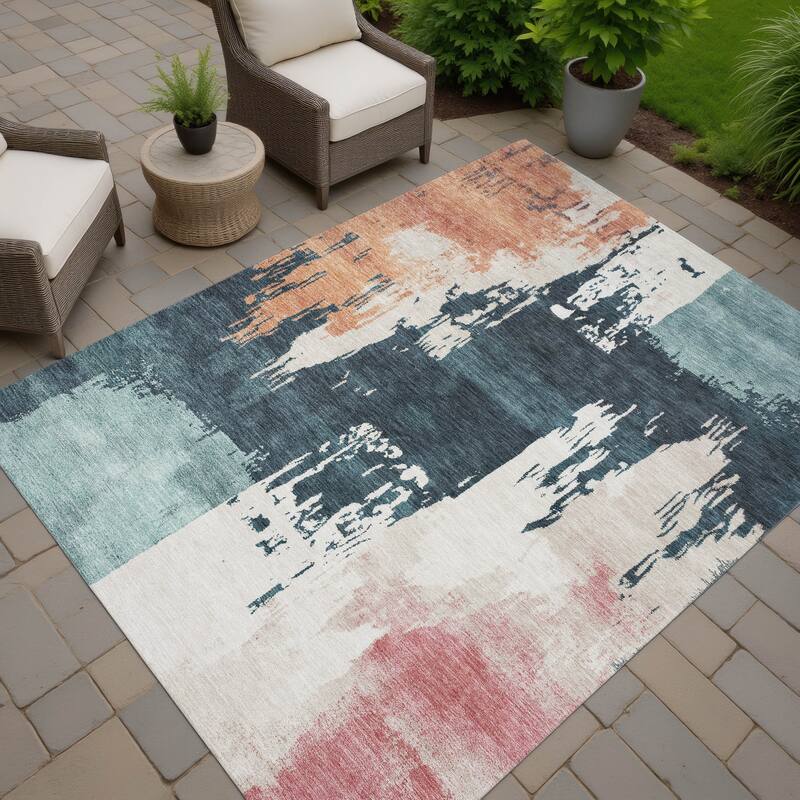Machine Washable Indoor/ Outdoor Contemporary Fusion Chantille Rug - Teal - 3' x 5'