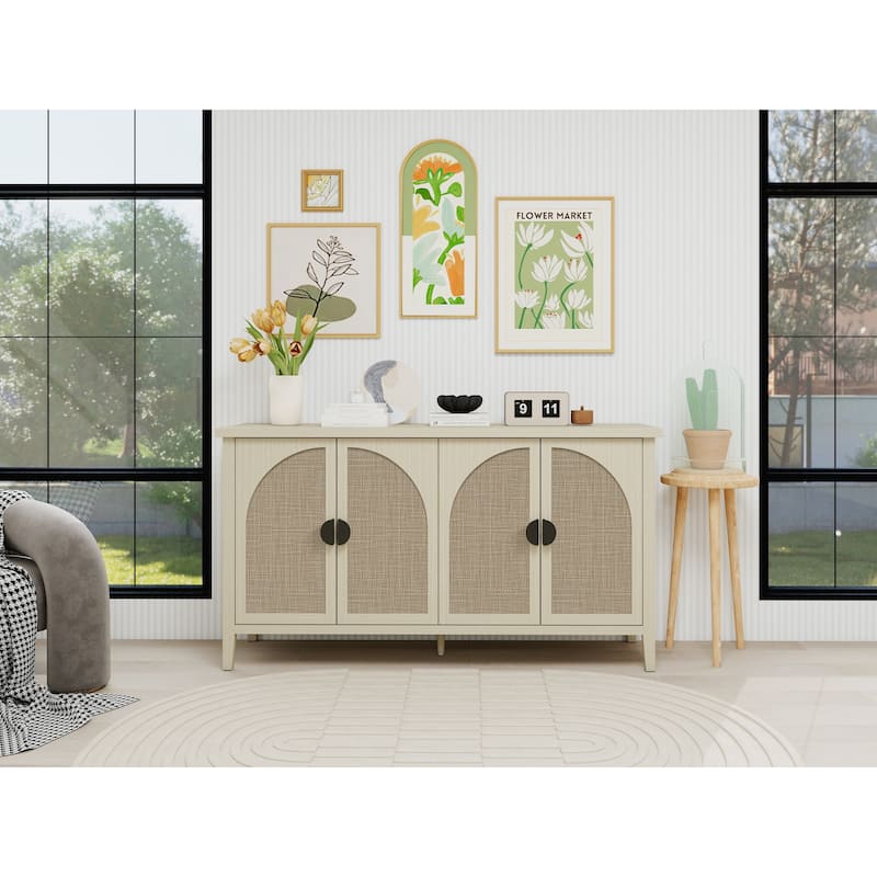 Roomfitters Rattan 4 Door Storage Cabinet, Sideboard Buffet Accent Cabinet with Adjustable Shelves, Natural