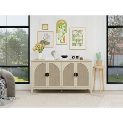 Roomfitters Rattan 4 Door Storage Cabinet, Sideboard Buffet Accent Cabinet with Adjustable Shelves, Natural