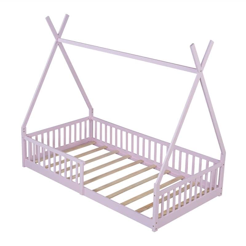 Twin Size House Floor Bed with Fence, Wooden House Shaped Montessori Bed with Triangulat Design for Kids
