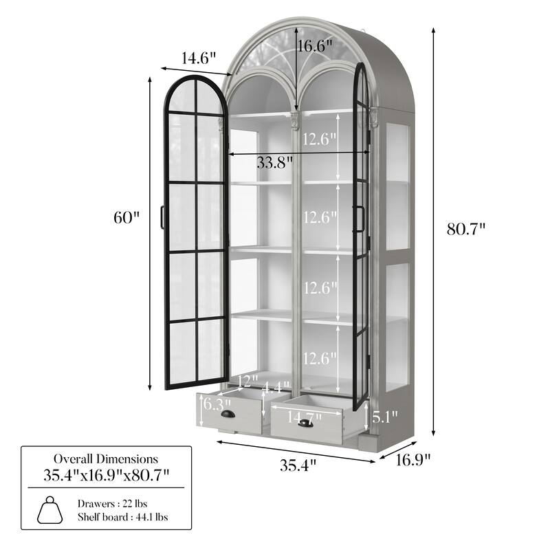 Arched Glass Door Display Cabinet with Iron Frame, Tall Curio Bookcase with Drawers, Farmhouse Storage Cabinet