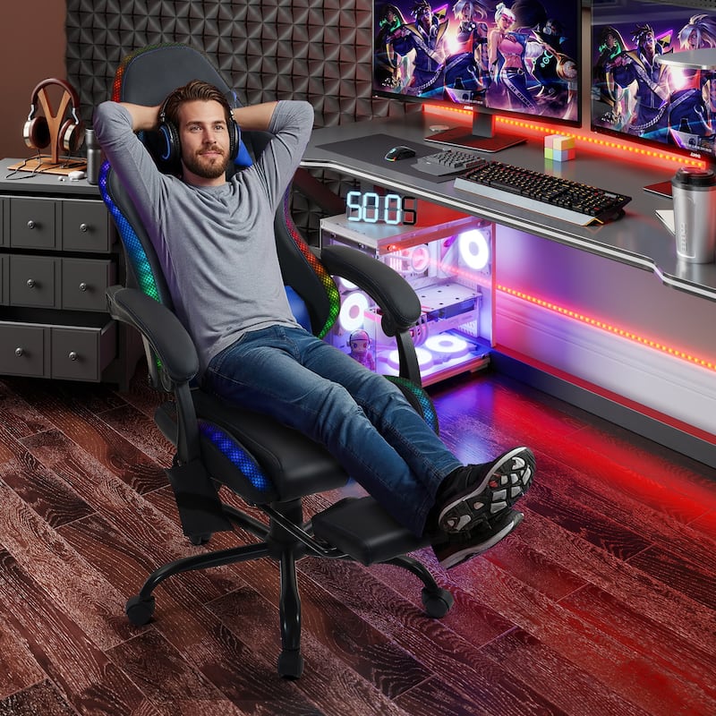 EROMMY RGB LED Gaming Chair with Thickened Massage Lumbar Pillow & Upgraded Footrest, Reclining Ergonomic Chair