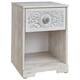 1 Drawer Nightstand with Floral Carving and Open Compartment, Washed White
