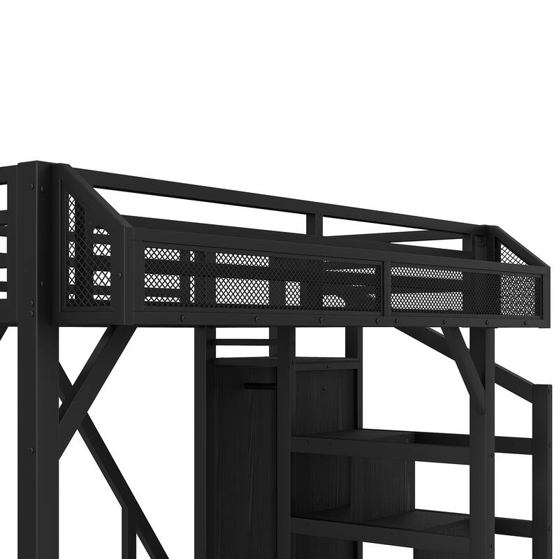 Roomfitters Metal Loft Bed with Wardrobe and Storage Stairs, LED Lights and USB