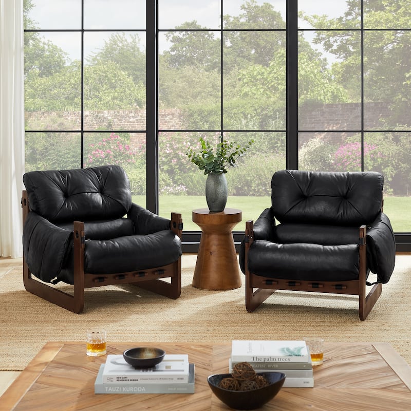 Art Leon Genuine Leather Accent Chair with Ash Wood Legs