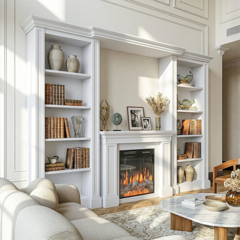 Electric Fireplace Mantel with Bookshelves, 115.5" Entertainment Center with Built-in Shelving