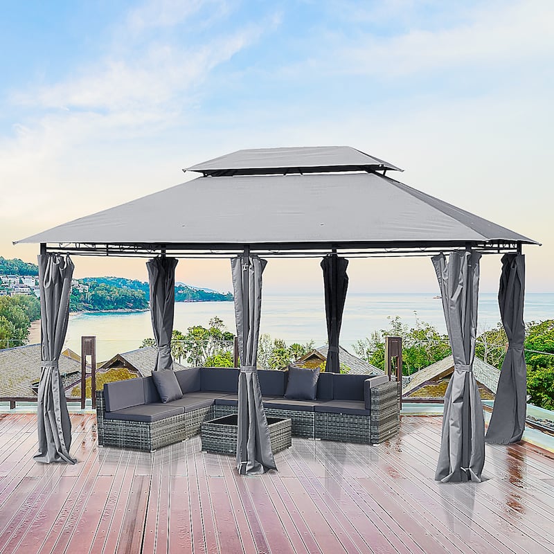 Outsunny 2-tier Grey Outdoor Garden Gazebo with Removable Curtains